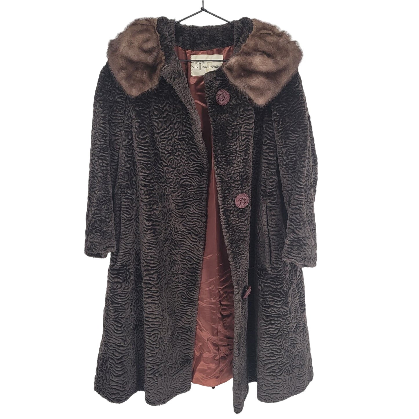 Stix, Baer, & Fuller Women Brown Custom Vintage 1960s Fur Coat Knee Length