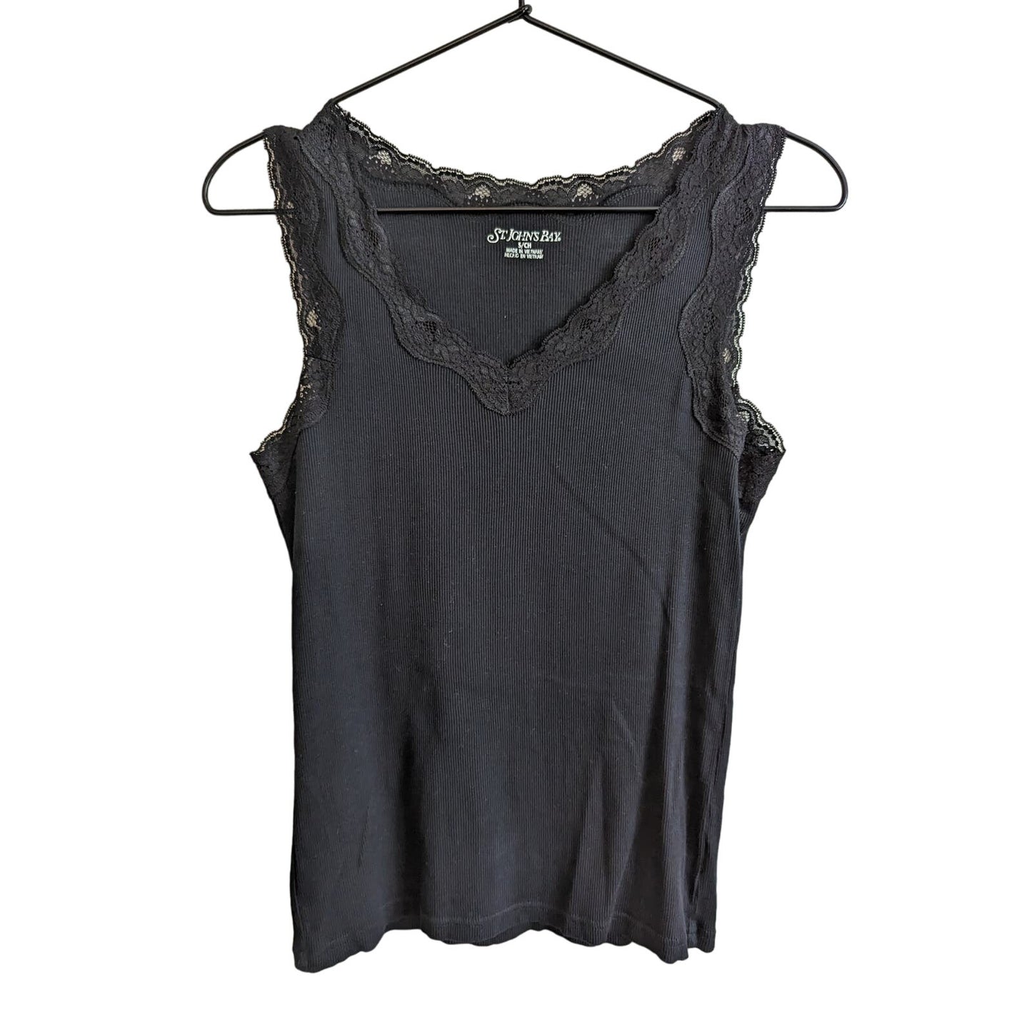 St Johns Bay Womens Sz S Ribbed Tank Top Black w/ Lace Trim