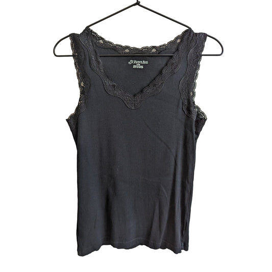 St Johns Bay Womens Sz S Ribbed Tank Top Black w/ Lace Trim