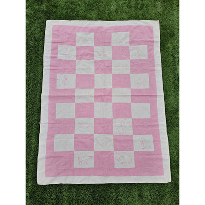 Vtg 1960s Handmade Baby Blanket Quilt Pink White Checkered Needlepoint Animals