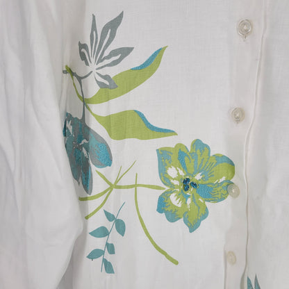 Dressbarn Womens Sz 8 100% Linen Button Up Tunic Top White Floral