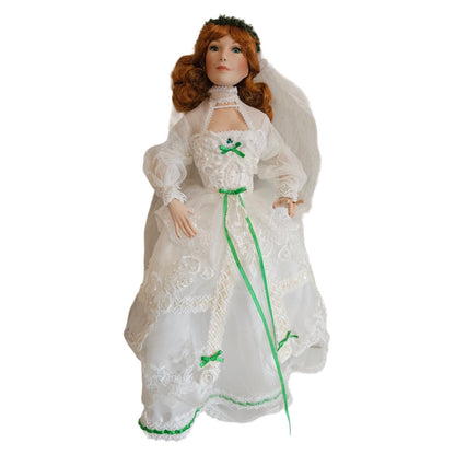 Vintage 1990s Porcelain Doll Irish Wedding Bride Doll White Green Dress