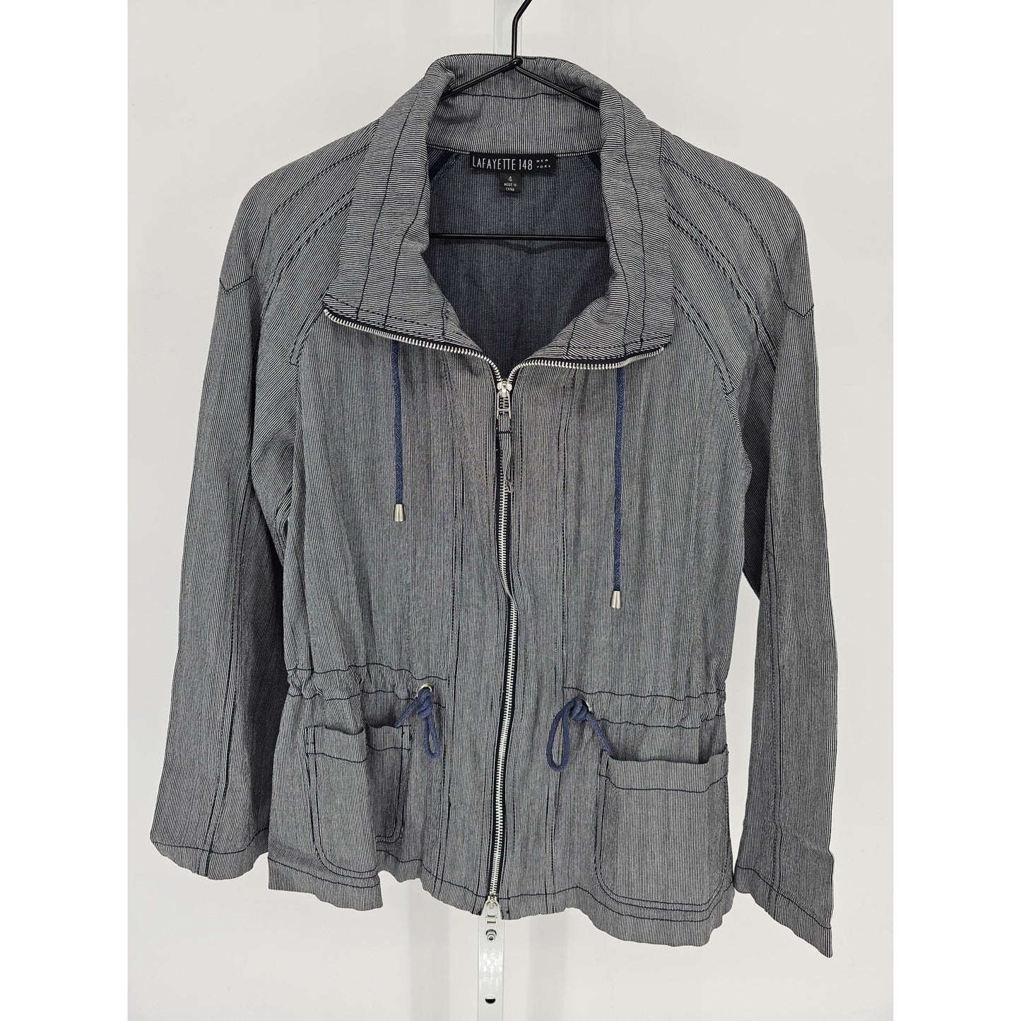 Lafayette 148 Womens Sz 4 Zip Up Safari Style Jacket Conductor Stripe Blue