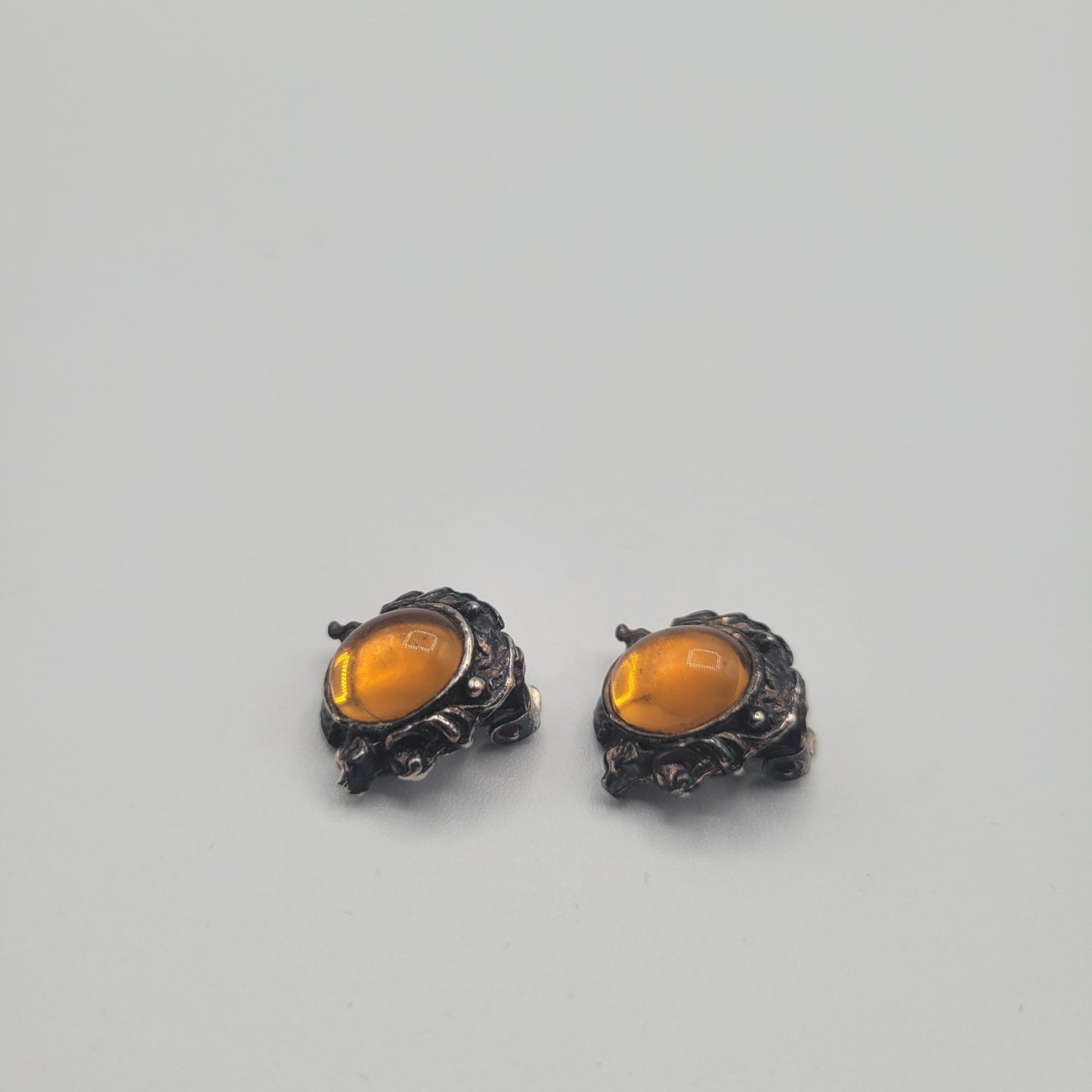 Vintage BARCS Silver TONE Amber Orange Glass CABOCHON Clip ON Earrings