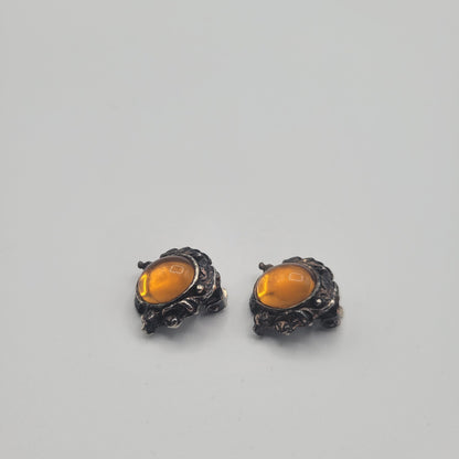 Vintage BARCS Silver TONE Amber Orange Glass CABOCHON Clip ON Earrings