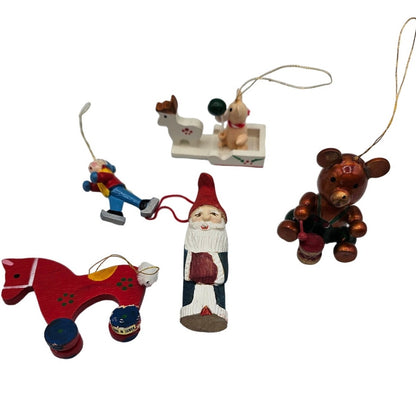 Lot of 5 Vintage Hand Painted Wooden Christas Ornaments Horse Santa Teddy Bear