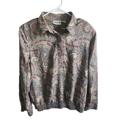 Vintage 1970s Alfred Dunner Womens Sz 14 Collared Blouse Brown Gray Paisley Prin