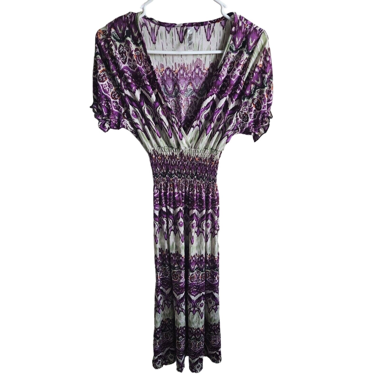 DNLA Sport Womens Sz L V Neck Maxi Dress Vintage Purple Short Sleeve