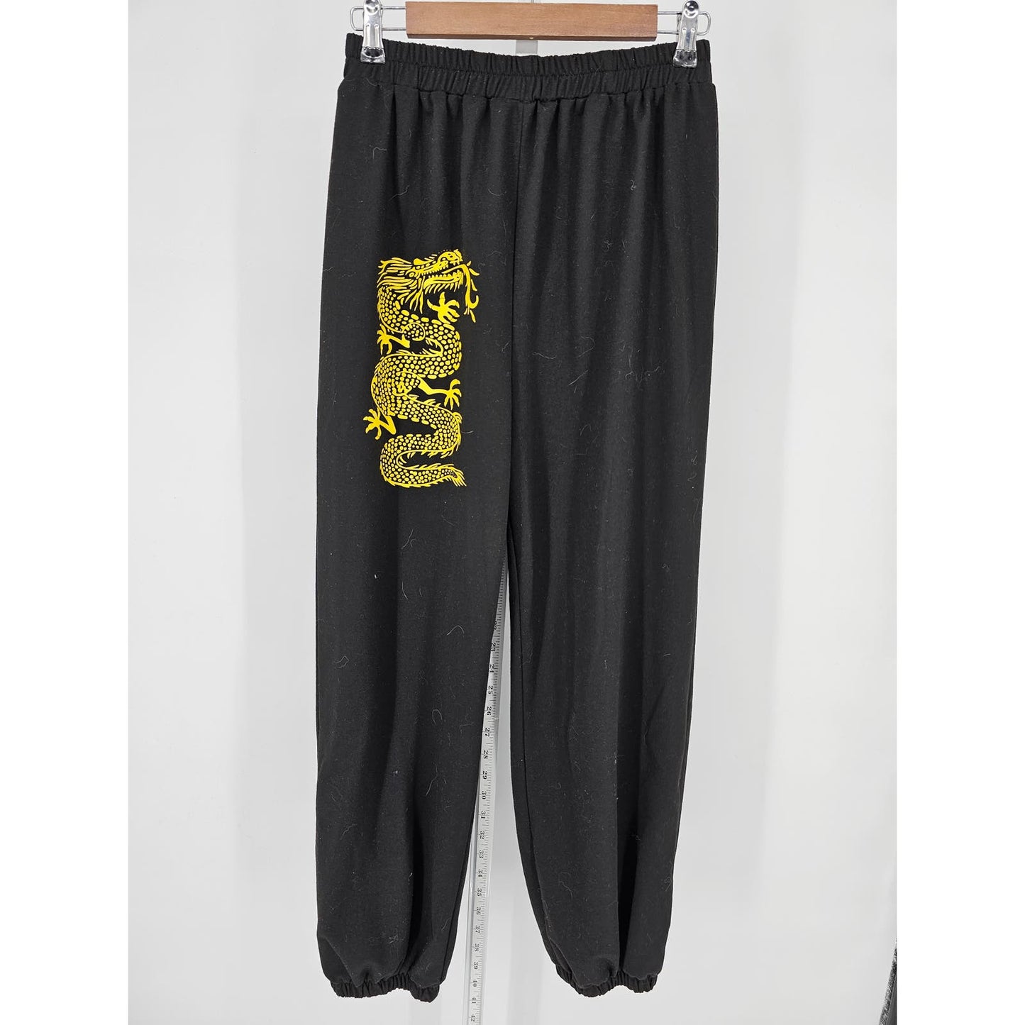 Romwe Womens Sz L Pull On Sweatpants Joggers Black Yellow Dragon Print