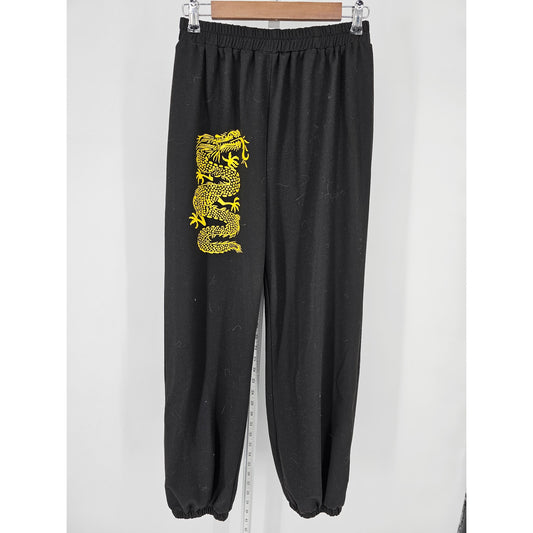 Romwe Womens Sz L Pull On Sweatpants Joggers Black Yellow Dragon Print
