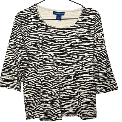 Karen Scott Womens Sz S 100% Cotton 3/4 Sleeve Blouse Zebra Animal Print