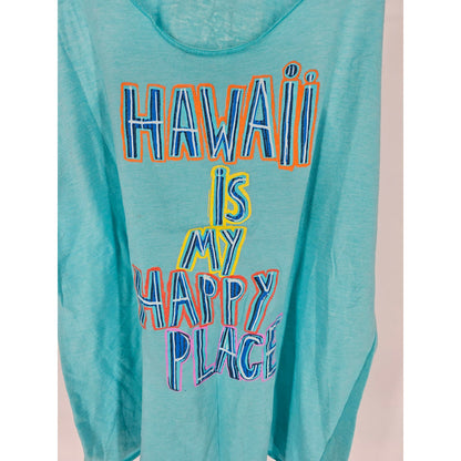 Womens Sz XL Hawaii Is My Happy Place Racer Back Tank Top Bright Blue Loose Fit