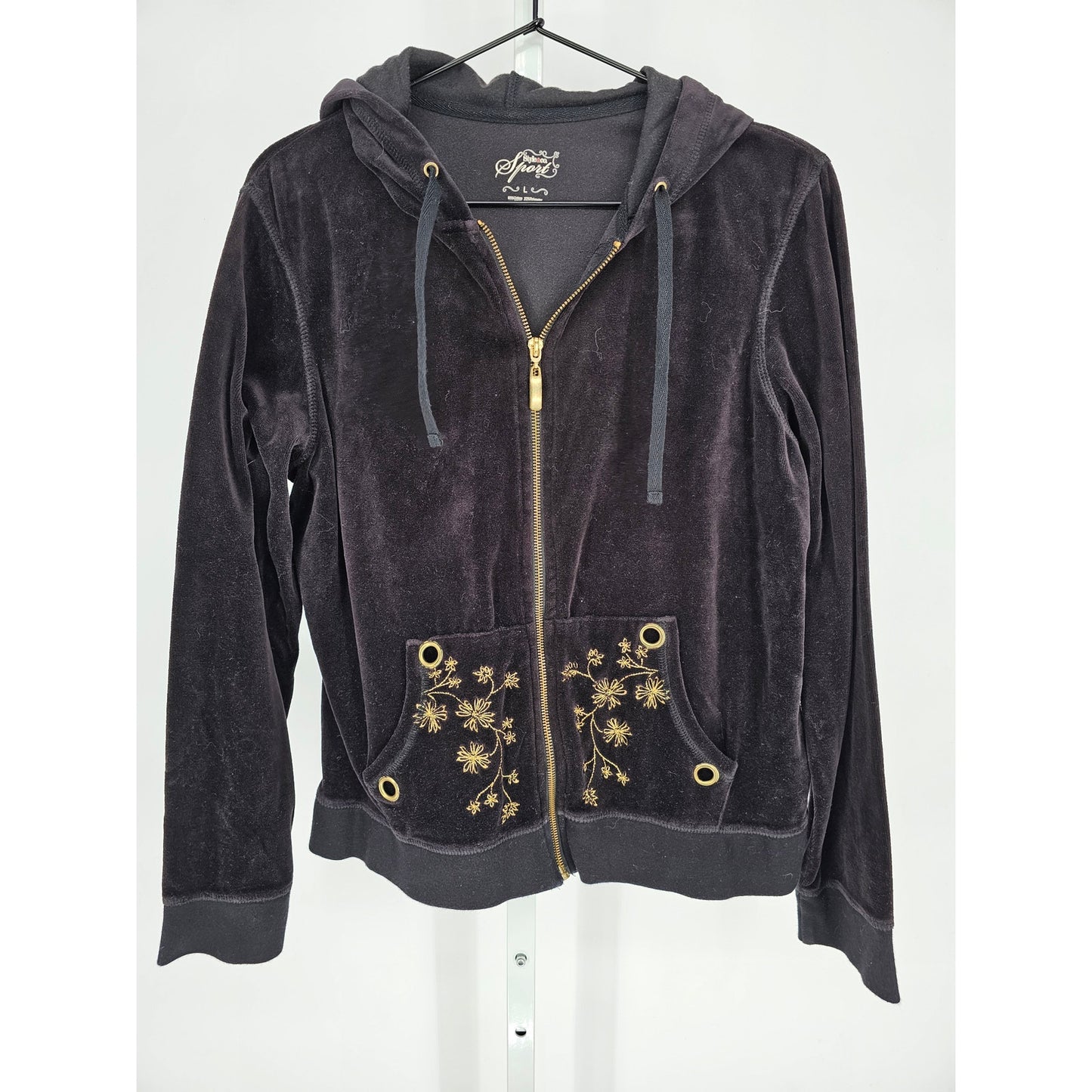 Style & Co Womens Sz L Full Zip Velour Track Jacket Black and Gold Hooded