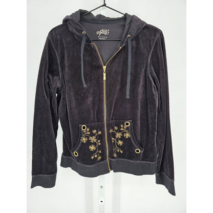 Style & Co Womens Sz L Full Zip Velour Track Jacket Black and Gold Hooded