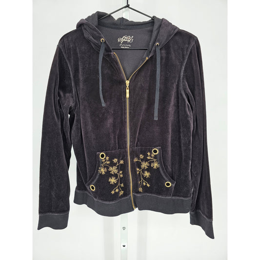 Style & Co Womens Sz L Full Zip Velour Track Jacket Black and Gold Hooded