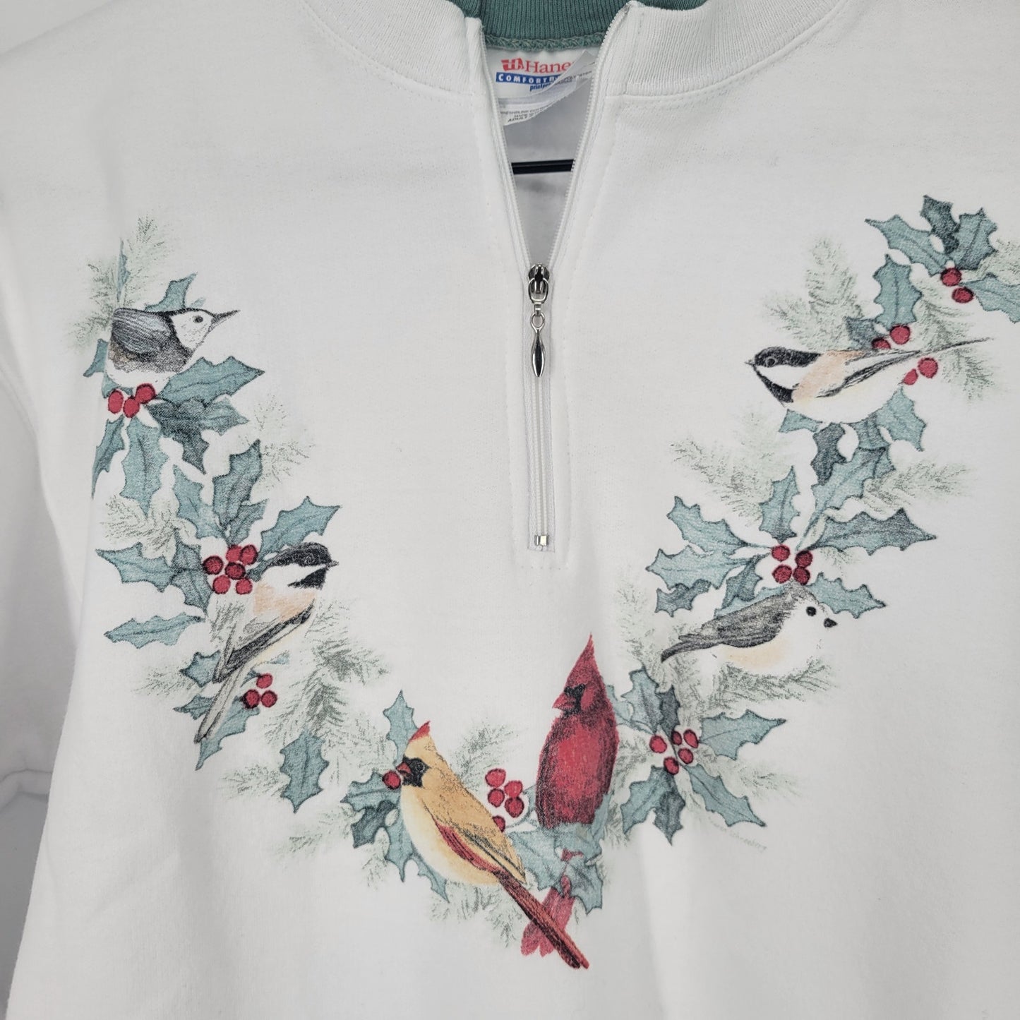 Vtg 90s Hanes Printpro Womens Sz S 1/4 Zip Sweatshirt Cardinal Holly Print White