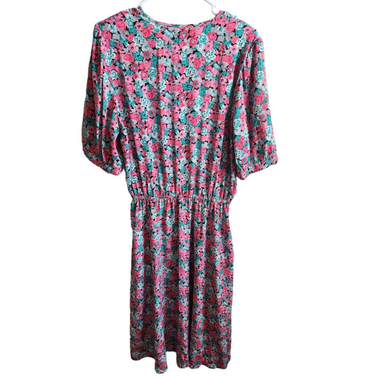 Vintage 1980s Womens Sz L Short Sleeve Full Bright Floral Midi Dress