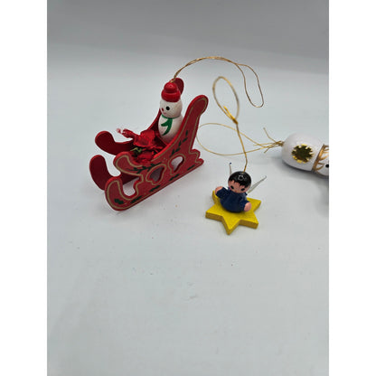 Lot of 5 Vintage Hand Painted Wooden Christas Ornaments Sleigh lamb Soldier