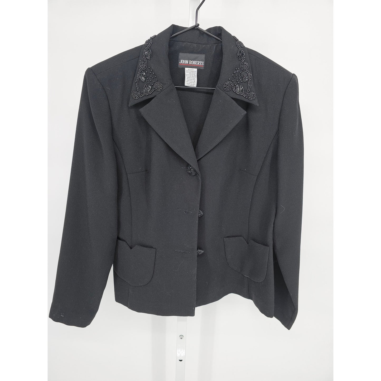 Vintage John Roberts Womens Sz 8 Blazer Jacket Black Beaded Collar