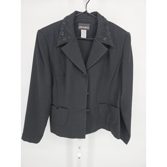 Vintage John Roberts Womens Sz 8 Blazer Jacket Black Beaded Collar