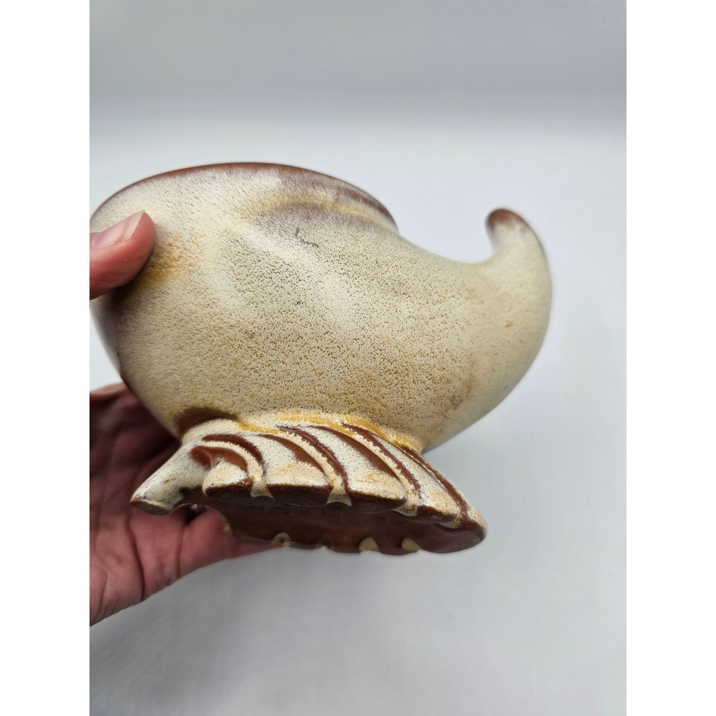 MCM Frankoma Pottery 57 Cornucopia Vase Dish 3x8” Beige Gracetone Serveware VTG