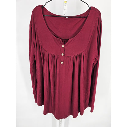 Womens Sz 3XL Long Sleeve Blouse Dark Burgundy Red Henley Style