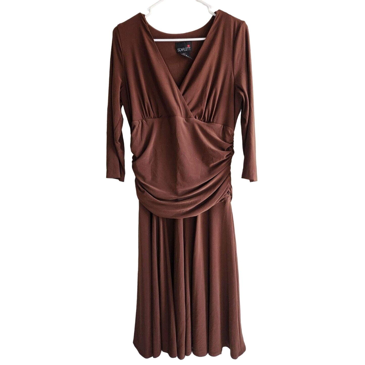 Vintage 1990s Scarlett Womens Sz 14 Midi Dress Brown Draped Long Sleeve