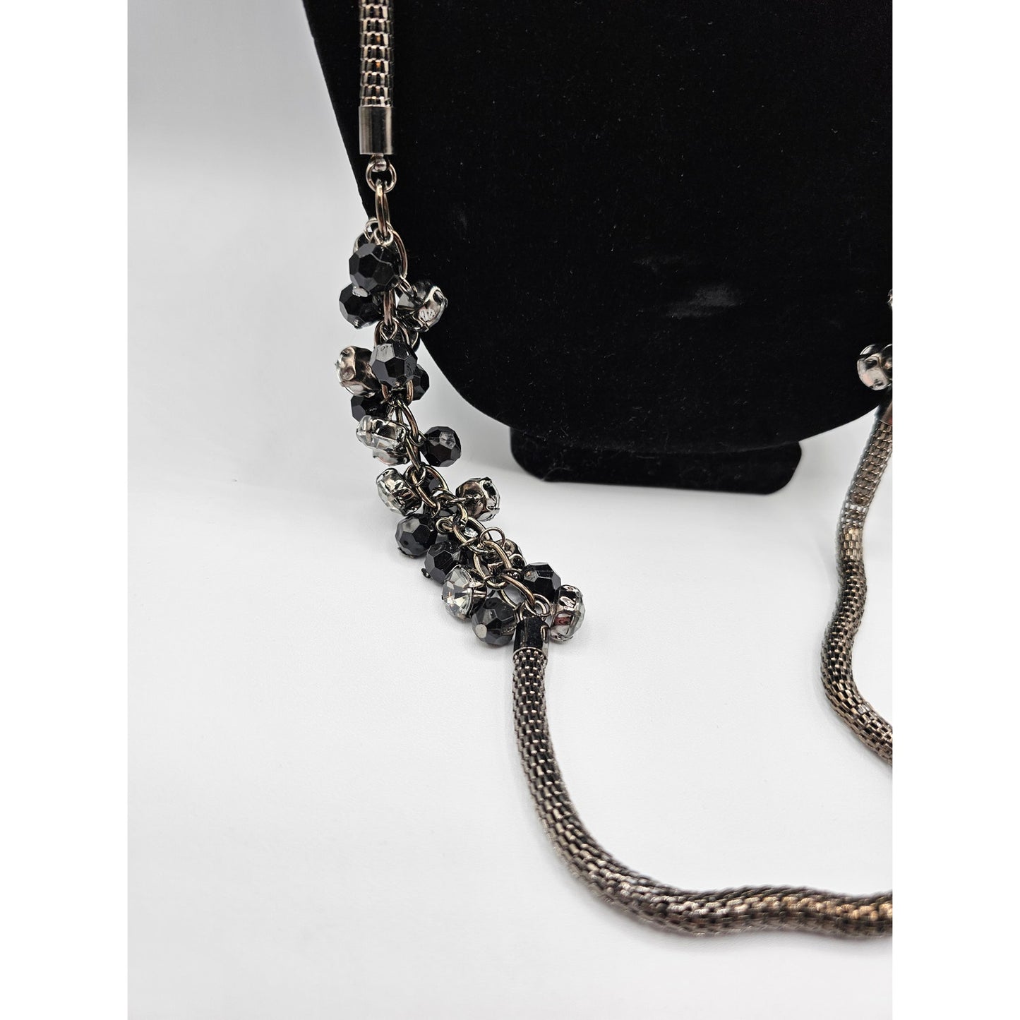 Vintage 1990s Silver and Black Single Chain Necklace Long Rhinestone Details