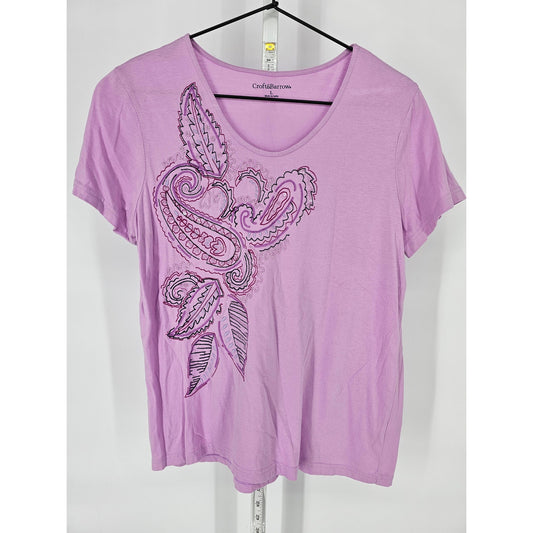 Croft & Barrow Womens Sz L Short Sleeve T Shirt Light Purple Paisley Embroidered