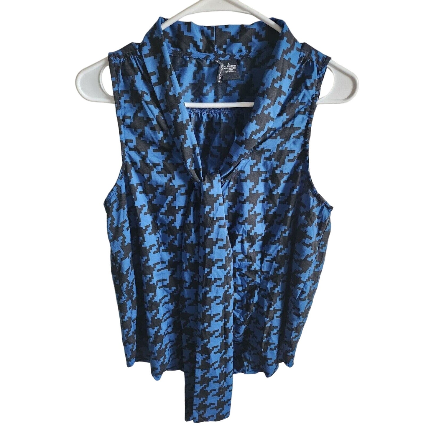 Kontagious Womens Sz L Sleeveless Blouse Blue Black Houndstooth Bow Front