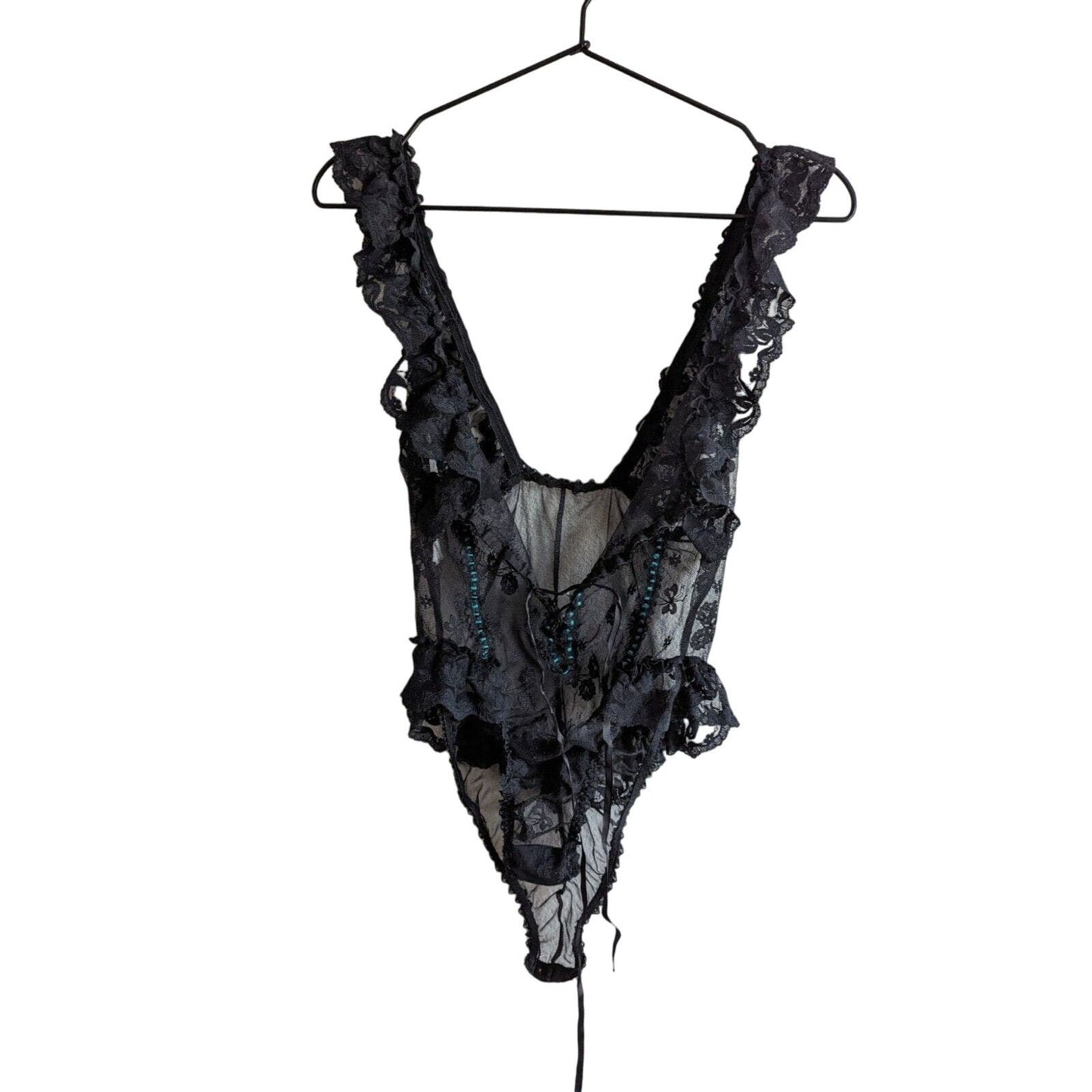 Vintage E Bole Womens Sz M Black Lace Thong Teddy Nightie Green Ribbon