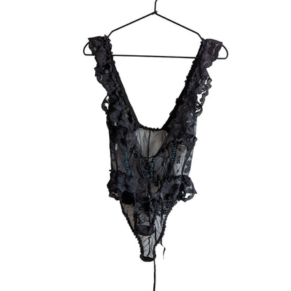 Vintage E Bole Womens Sz M Black Lace Thong Teddy Nightie Green Ribbon