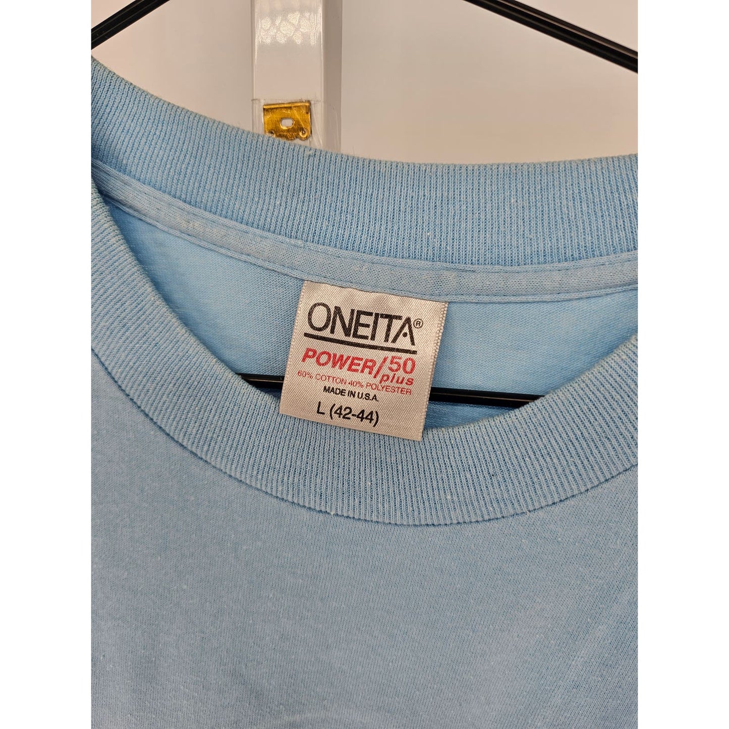 Oneita Power 50 Plus Mens Sz L (42-44) Short Sleeve T Shirt Light Blue Vintage