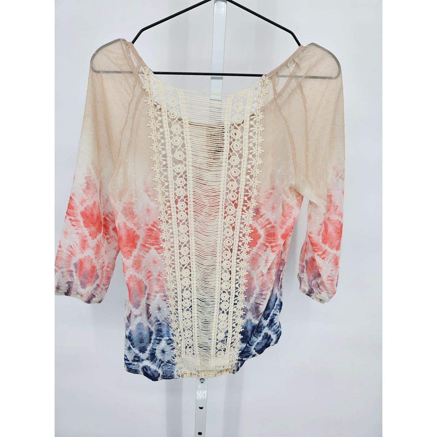 Maurices Womens Sz S 3/4 Sleeve Boho Blouse Semi Sheer Pink Blue Cream