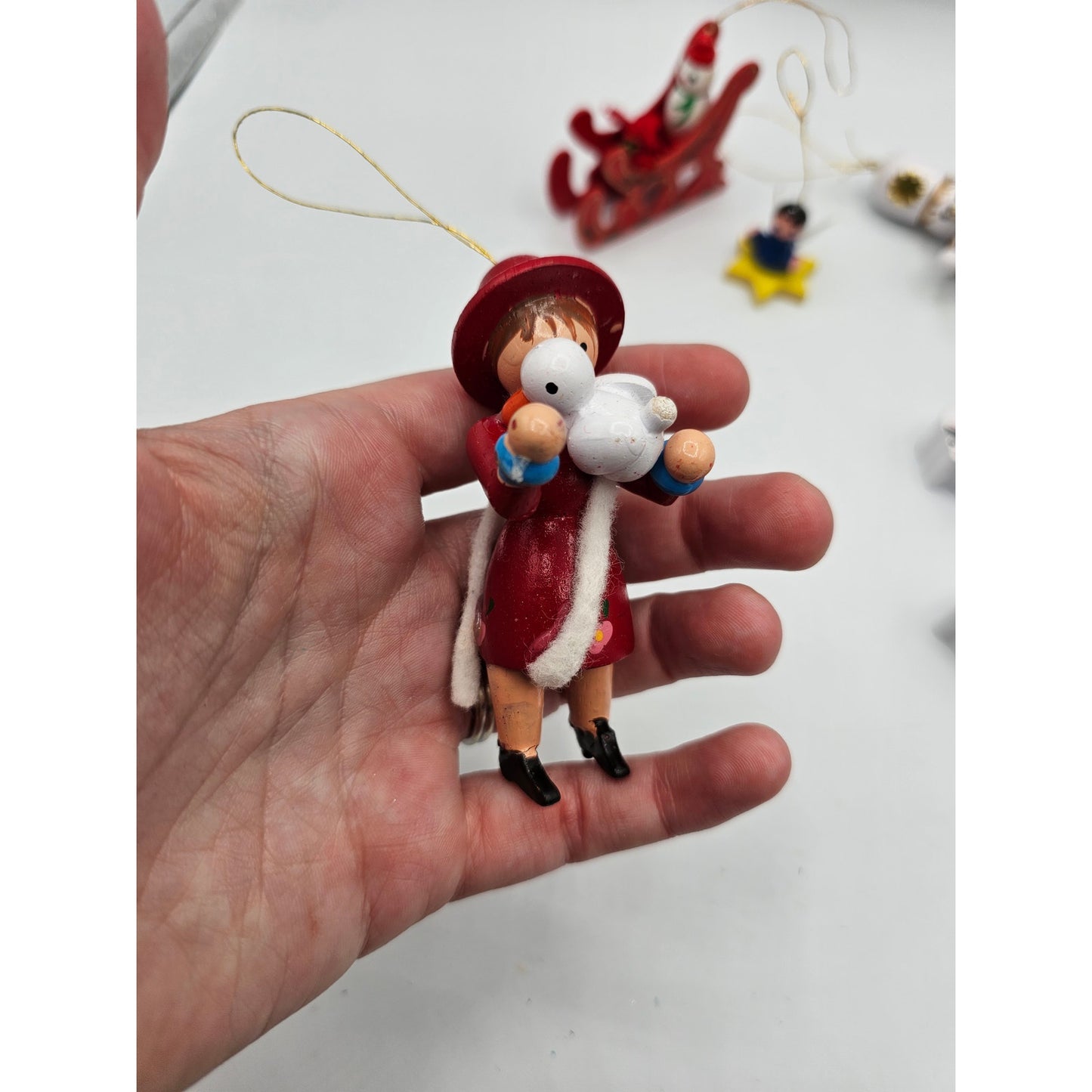 Lot of 5 Vintage Hand Painted Wooden Christas Ornaments Sleigh lamb Soldier