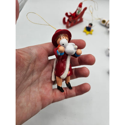 Lot of 5 Vintage Hand Painted Wooden Christas Ornaments Sleigh lamb Soldier
