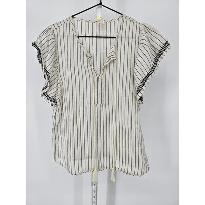 Solitaire Womens Sz S Short Sleeve Boho Top Cream Black Striped V Neck