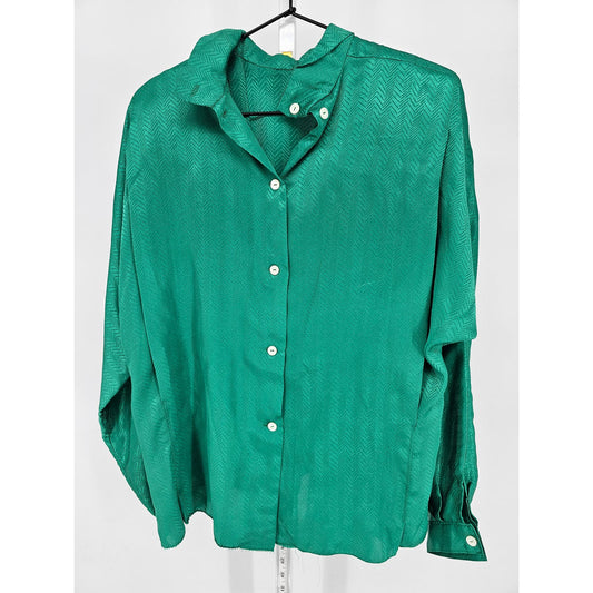 Vintage 1960s Womens Sz L Long Sleeve Satin Blouse Emerald Green Herringbone