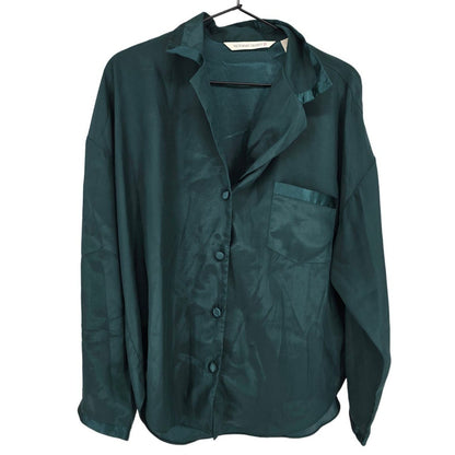 Victorias Secret Womens Sz M Long Sleeve Satin Pajama Shirt Forest Green