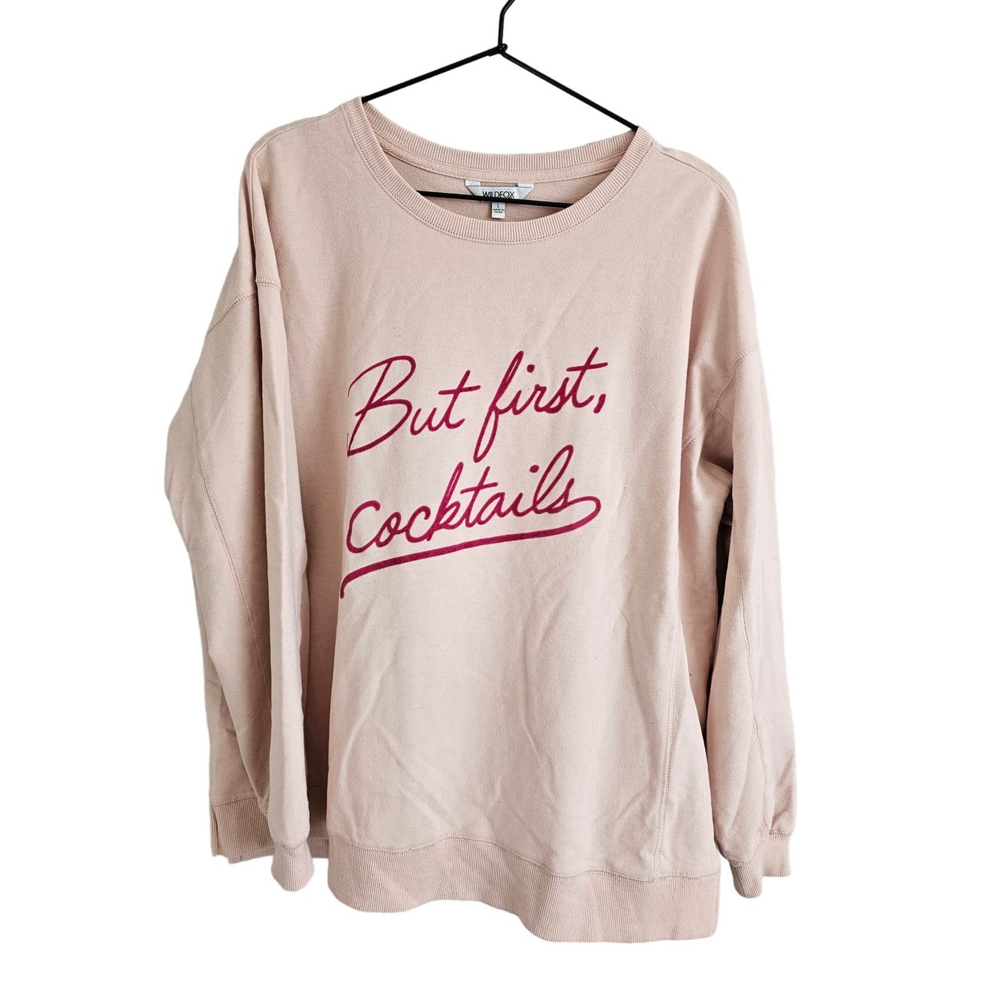 Wildfox “But First, Cocktails” Sz L Blush Pink College Preppy Sweatshirt