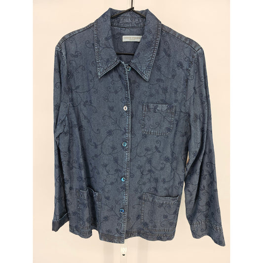 Valerie Stevens Casuals Womens Sz M Button Up Embroidered Tencel Blouse Blue