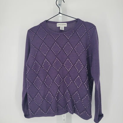 Cathy Daniels Womens Sz M Dark Purple Sweater Argyle Diamonds Pearl Accent