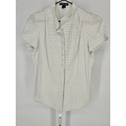 Bandolino Blu Womens Sz M Short Sleeve Button Up Dress Shirt White Pinstripe