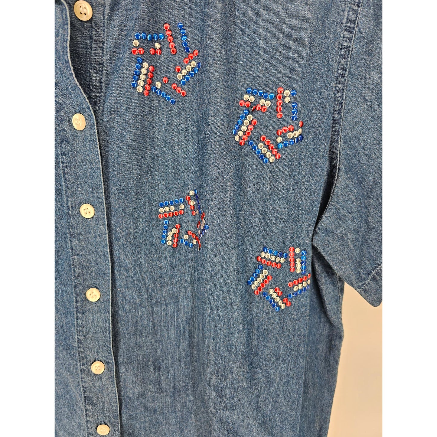 Karen Scott Sport Womens Sz M Short Sleeve Blue Denim Shirt Rhinestone Fireworks