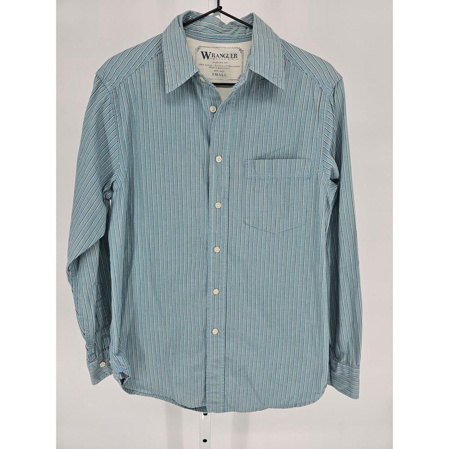 Wrangler Mens Sz S Long Sleeve Button Up Shirt Light Blue Striped Cotton