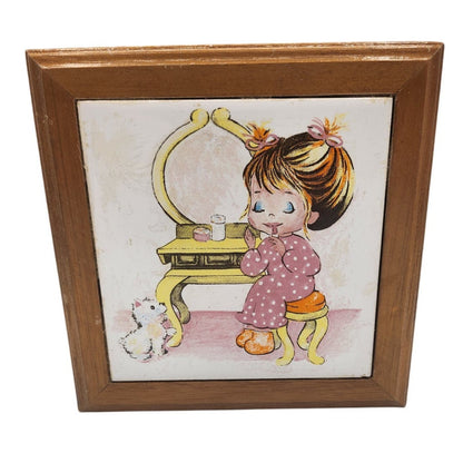 Vintage 1960s Ceramic Tile Wooden Jewelry Trinket Box Makeup Vanity Scene