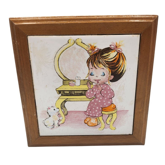 Vintage 1960s Ceramic Tile Wooden Jewelry Trinket Box Makeup Vanity Scene
