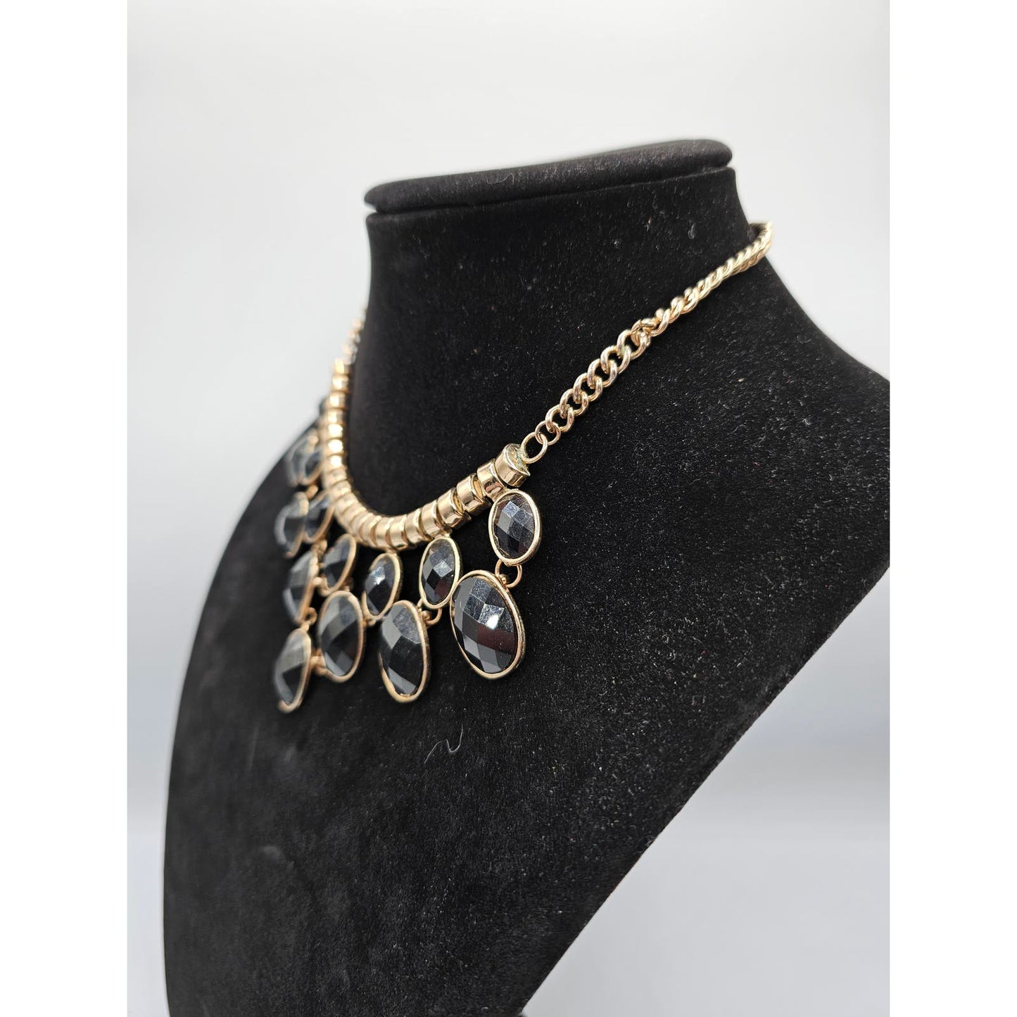 Vintage 1990s Bib Collar Style Necklace Gold Tone Black Rhinestones