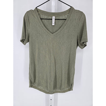 Athleta Womens Sz S Short Sleeve V Neck T Shirt Olive Green Loose Fit Athletic