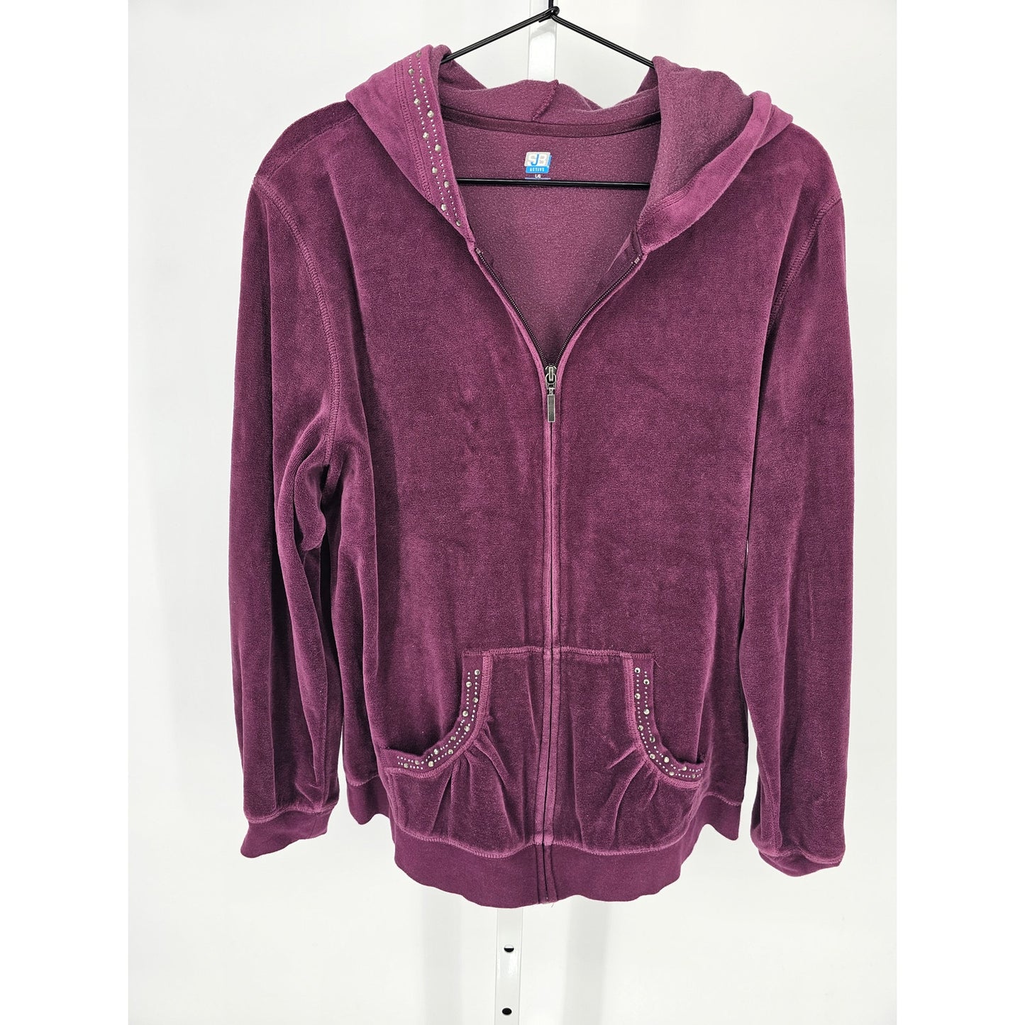 St Johns Bay Active Womens Sz L Full Zip Velour Hoodie Purple Rhinestones Velvet